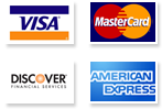 We Accept Visa, Mastercard, Discover and American Express Credit Cards