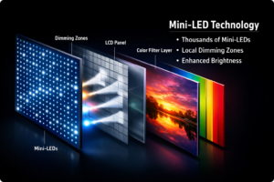 Mini-LED TV backlight technology diagram showing thousands of LEDs and local dimming zones behind an LCD panel