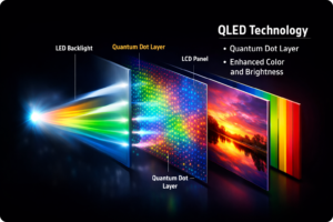 QLED TV technology diagram showing LED backlight, quantum dot layer, and LCD panel structure