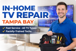 In-home TV repair technician servicing a television in a Tampa Bay home.