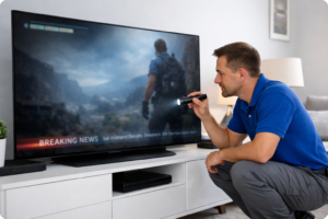 OLED TV showing burn-in from a news ticker while a technician inspects the screen in a living room