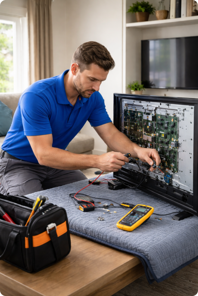 TV technician repairing a television in a customer's home