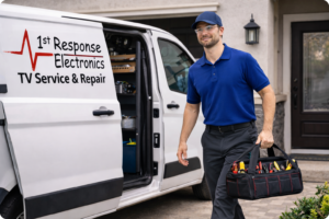 TV repair technician arriving at a customer's home for an in-home TV repair service in Tampa Bay