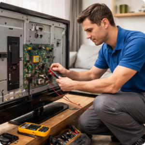 TV repair technician diagnosing a television in a customer's home in Tampa Bay